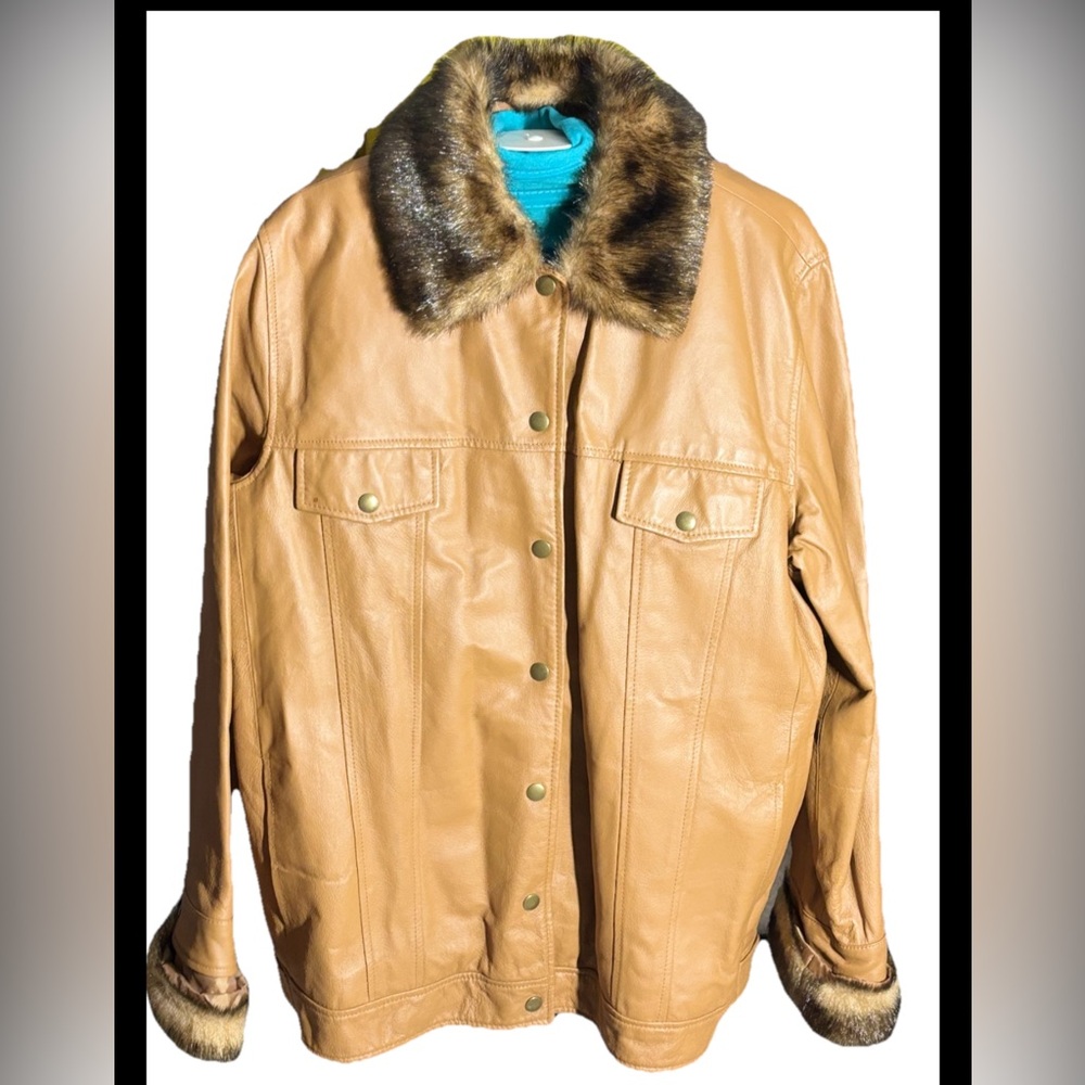 Vintage TERRY LEWIS Classic Luxuries 100% Genuine Leather-Removable Fur Sz L/Tan